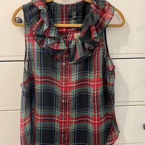 J.Crew Sleevless ruffle-collar top in Black Stewart Tartan